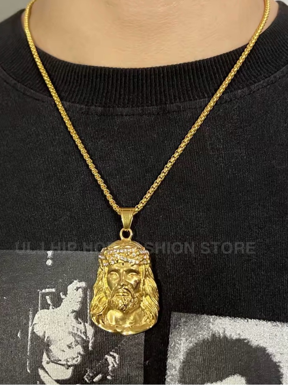 Gold-Tone Jesus Head Pendant Necklace - Men Accessories